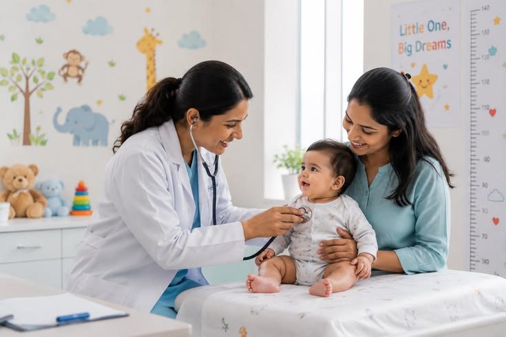 Doctora atendiendo a un bebé junto a su mamá